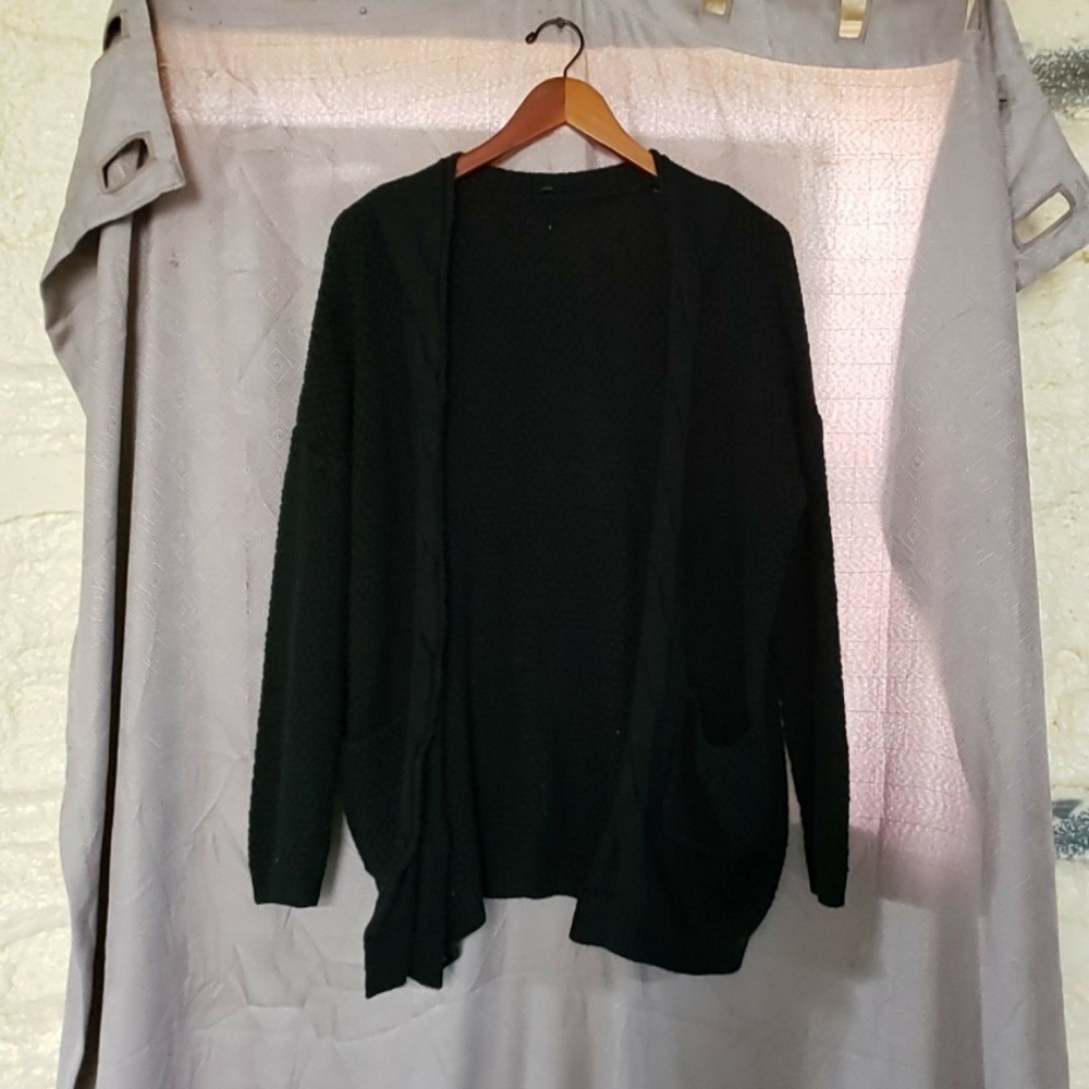 Cardigan Sweater Womens Medium Black Open Front Pockets Long Sleeve Knit Casual